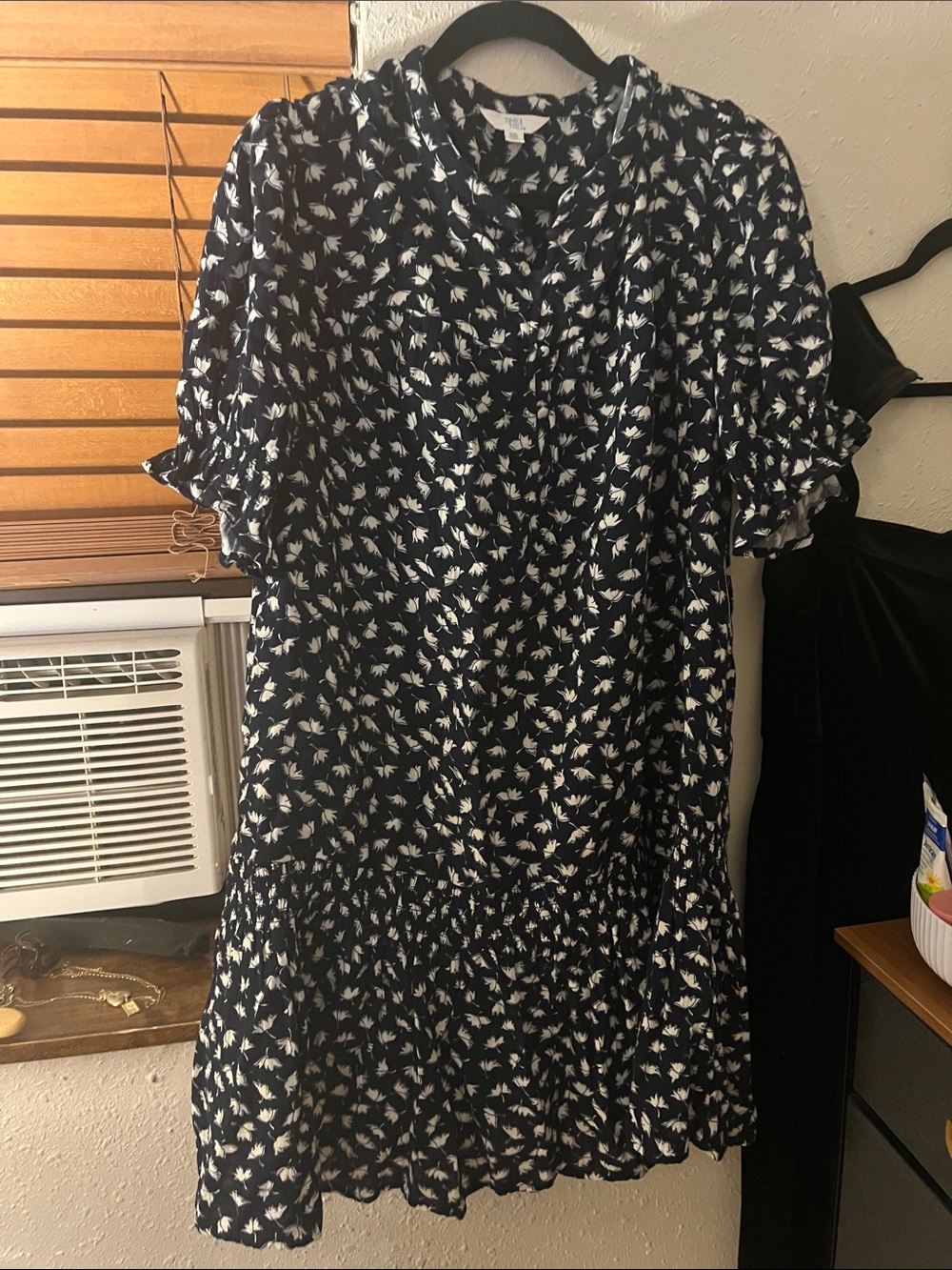 Time and Tru Navy and White Floral Midi Dress with Ruffle Hem